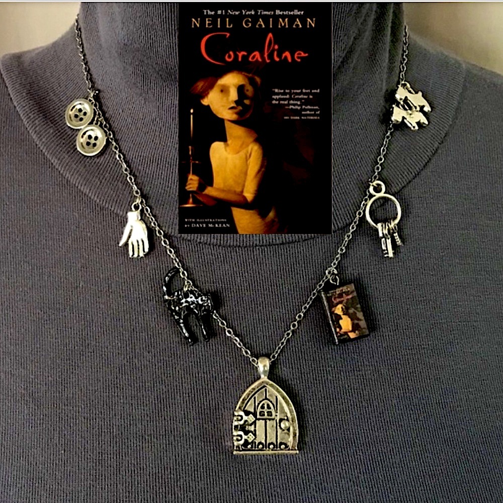 Coraline by Neil Gaiman Handmade Literature Necklace, Book Cover, Door, Buttons
